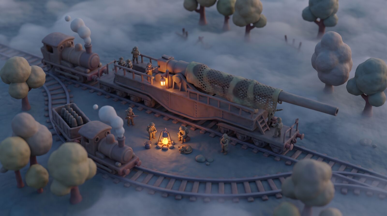 Old Marta in soft clay: the railway gun under a camouflage net on a misty siding, two small tank engines, an ammunition wagon and the crew around a campfire with a kettle and a sleeping cat.