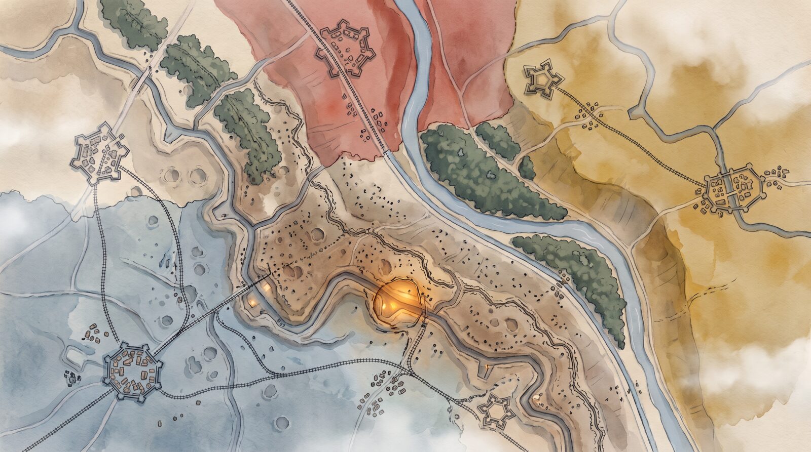 Watercolour map of the Lowmarch: the Hearthguard's blue home in the south-west, the Rustcoats' red in the north, the Mustard Company's ochre in the east, and the churned front between them.