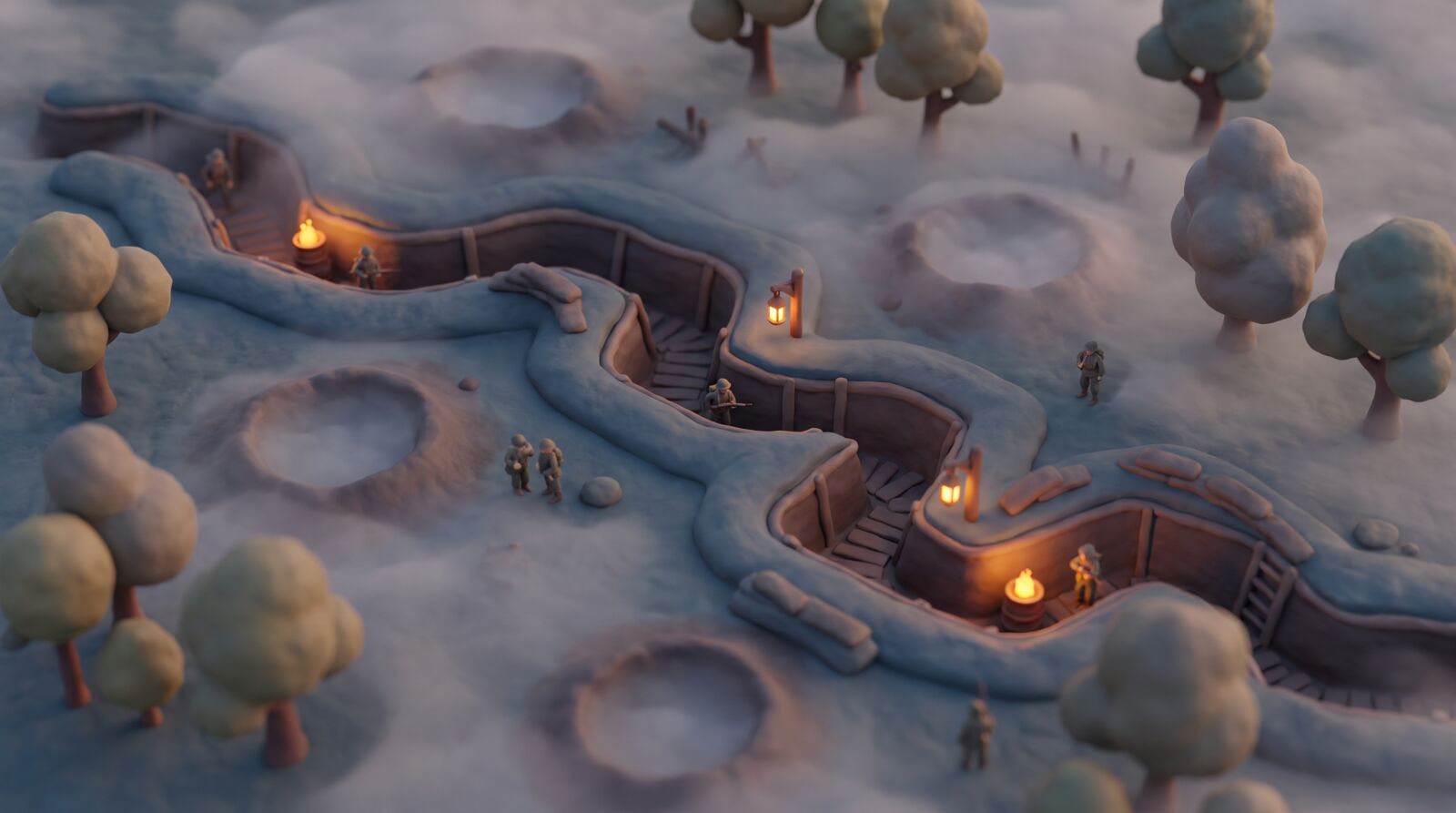 The same scene in soft matte clay, with puffy round trees and warm lanterns in blue fog.