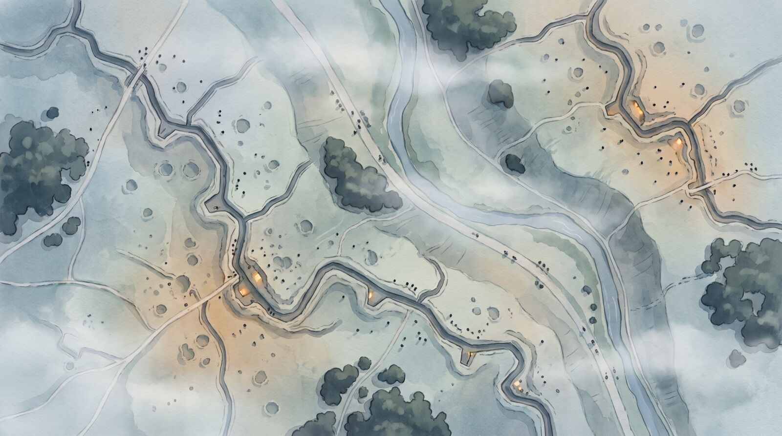 A bird's-eye trench battlefield at dusk painted in soft watercolour and ink, with tiny soldiers and warm lights at the dugouts.