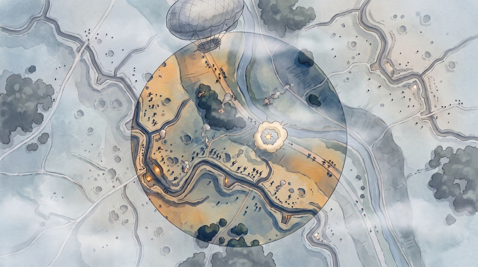 A watercolour battlefield seen from above. Inside an observation balloon's circle the ground is in full colour with tiny soldiers and a shell burst; outside it the same ground is pale and empty.