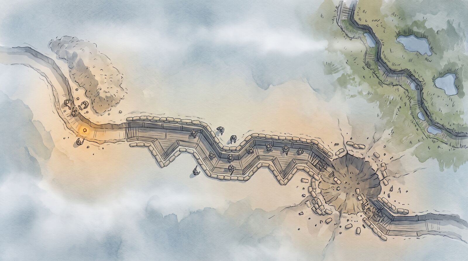The same trench in four states, painted in watercolour: a fresh dig face with a lantern, a held trench with sandbags and angled bays, a bay collapsed by a direct hit, and an old stretch overgrown and holding water.