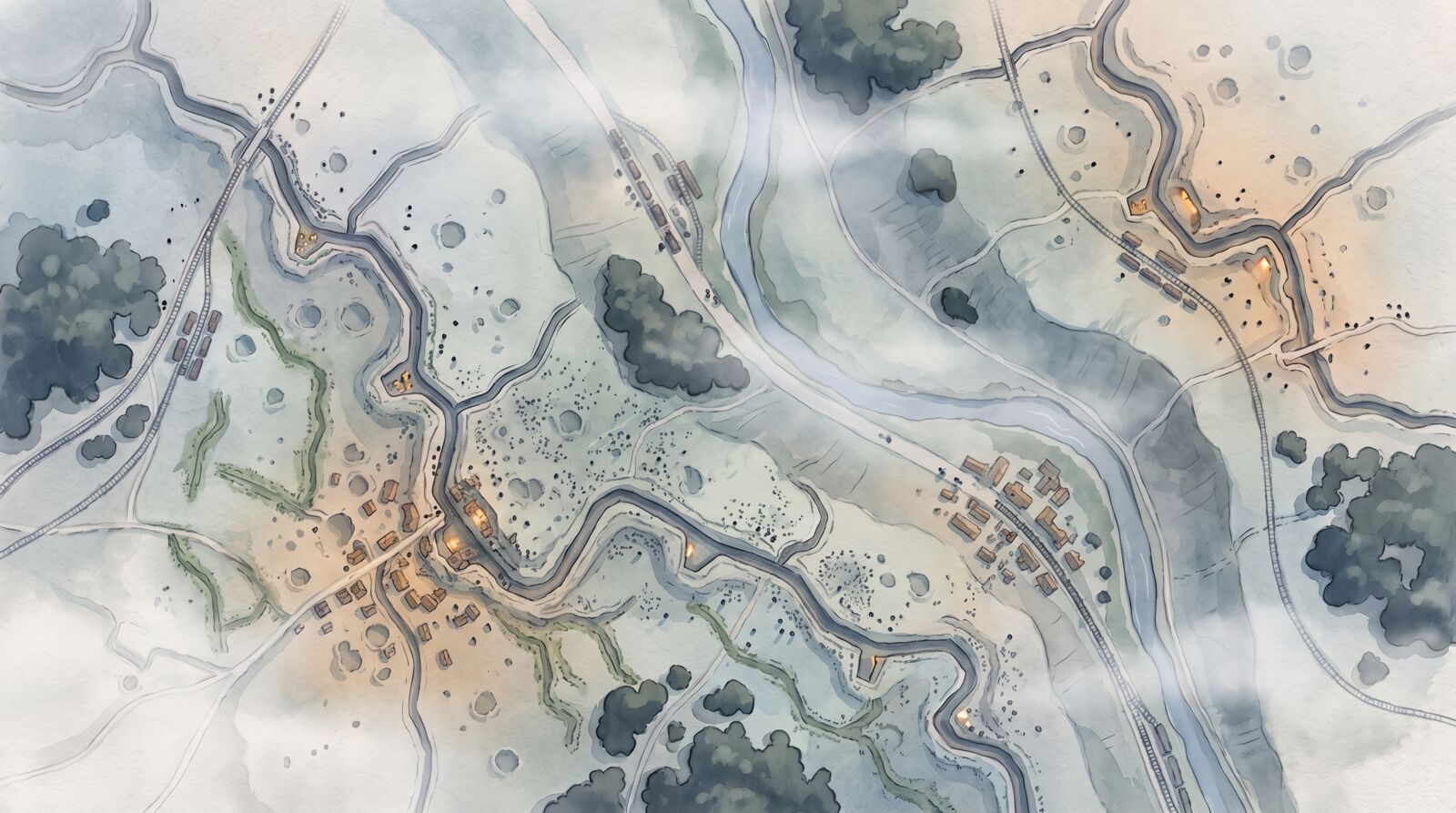 The whole valley painted as one watercolour map: fronts, villages, rail lines and yards, grassy scars of old trenches and dense crater stipple where the fighting was heaviest.