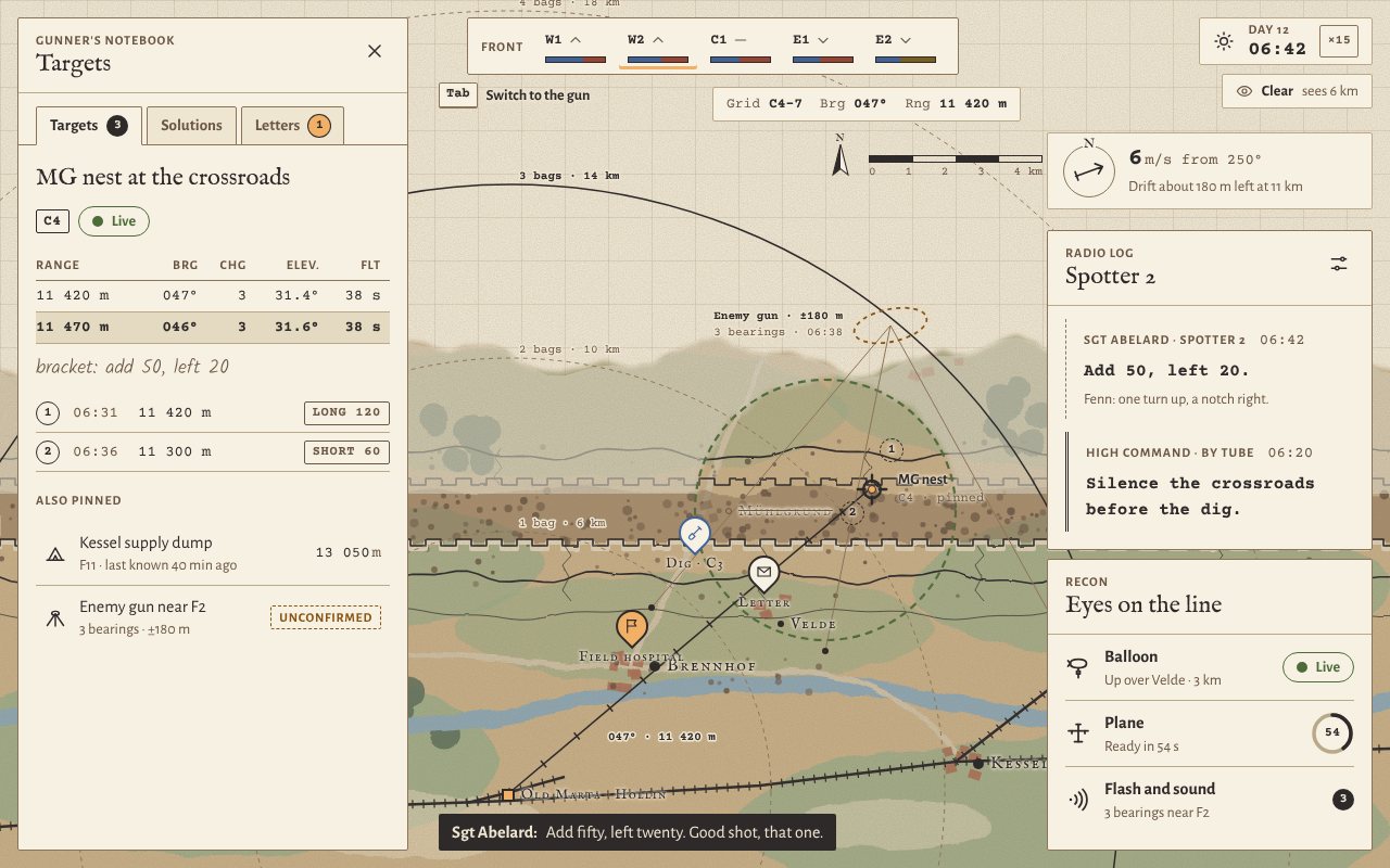 The map table interface: the gunner's notebook with a firing solution on the left, the radio log and recon panel on the right, a target bracketed in the middle.
